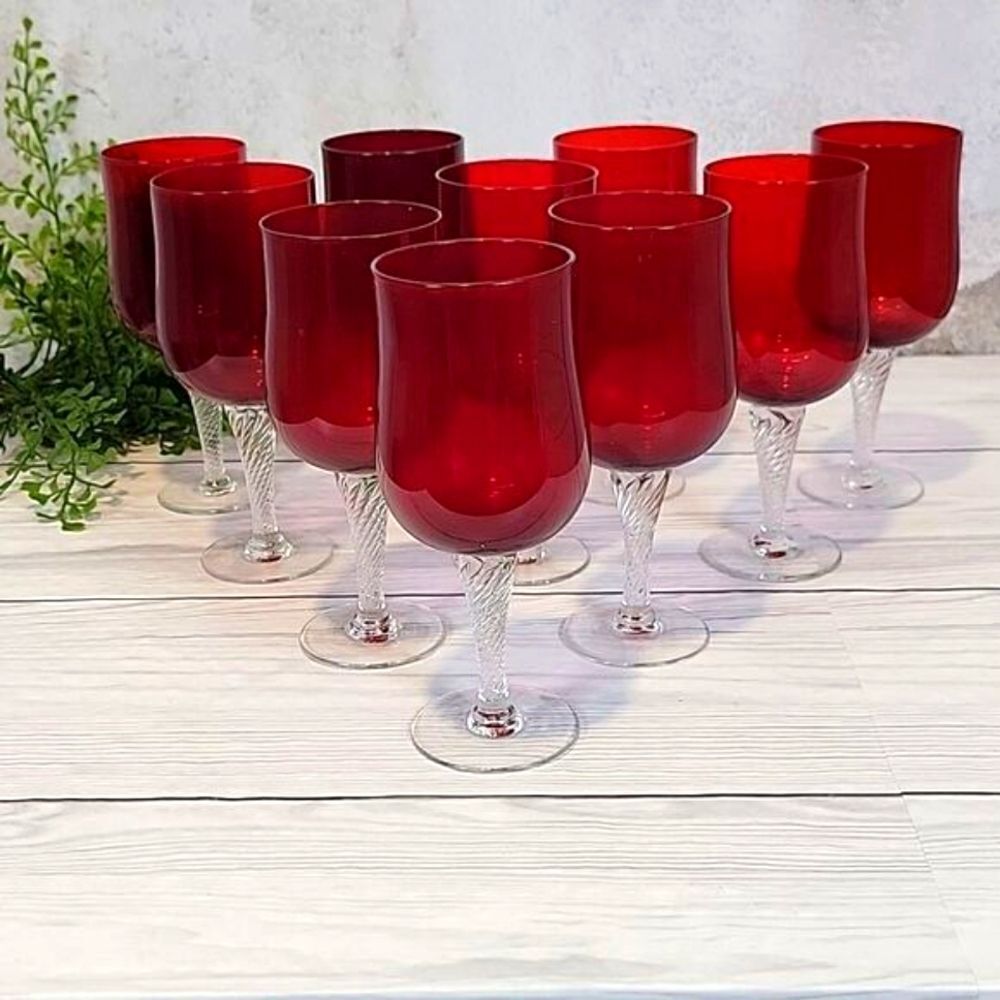 Colony Saturn Red water goblet 7 1/4" clear twisted stems 10 pieces